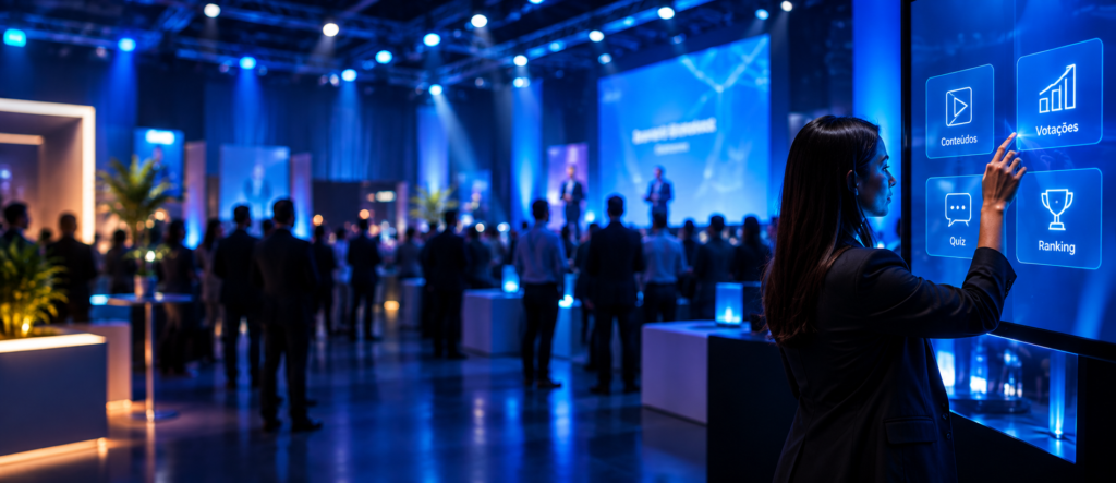 Experiência interativa com tela touch em evento corporativo