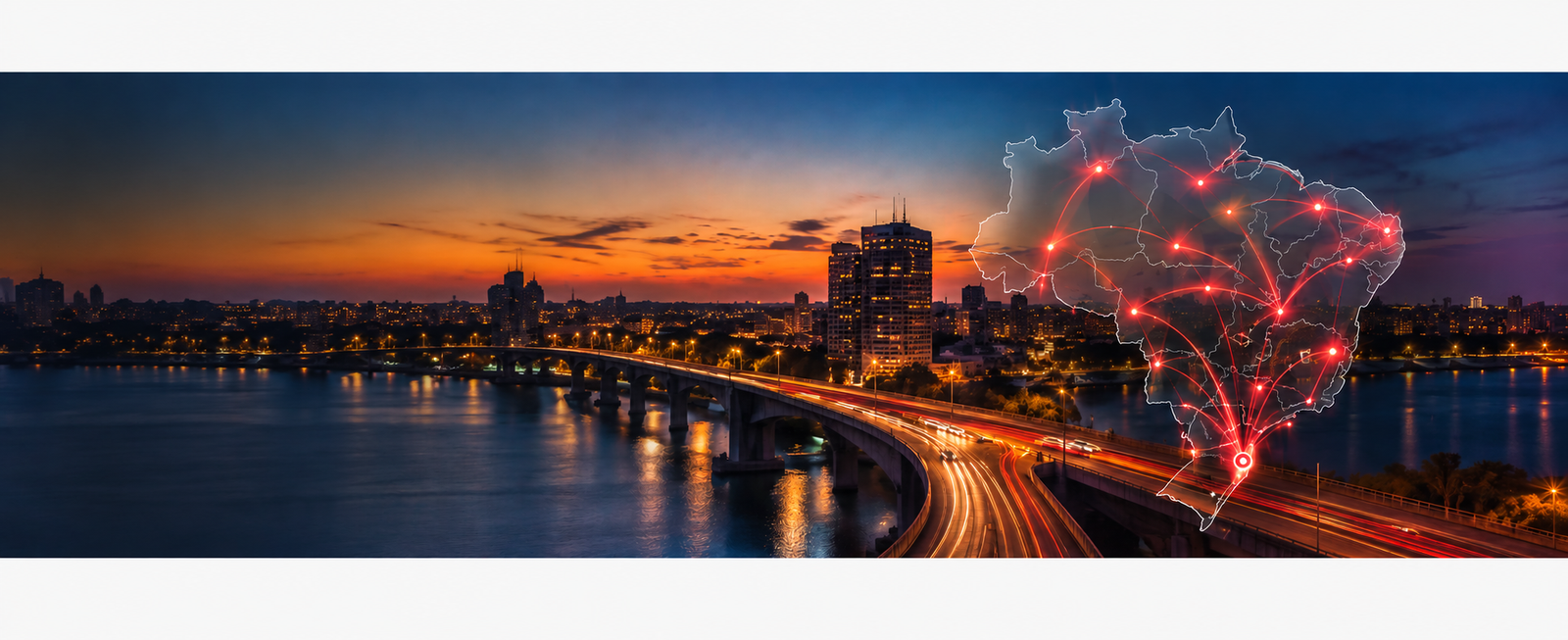 Panorama urbano de Porto Alegre com mapa luminoso do Brasil representando a atuação nacional do Grupo REC